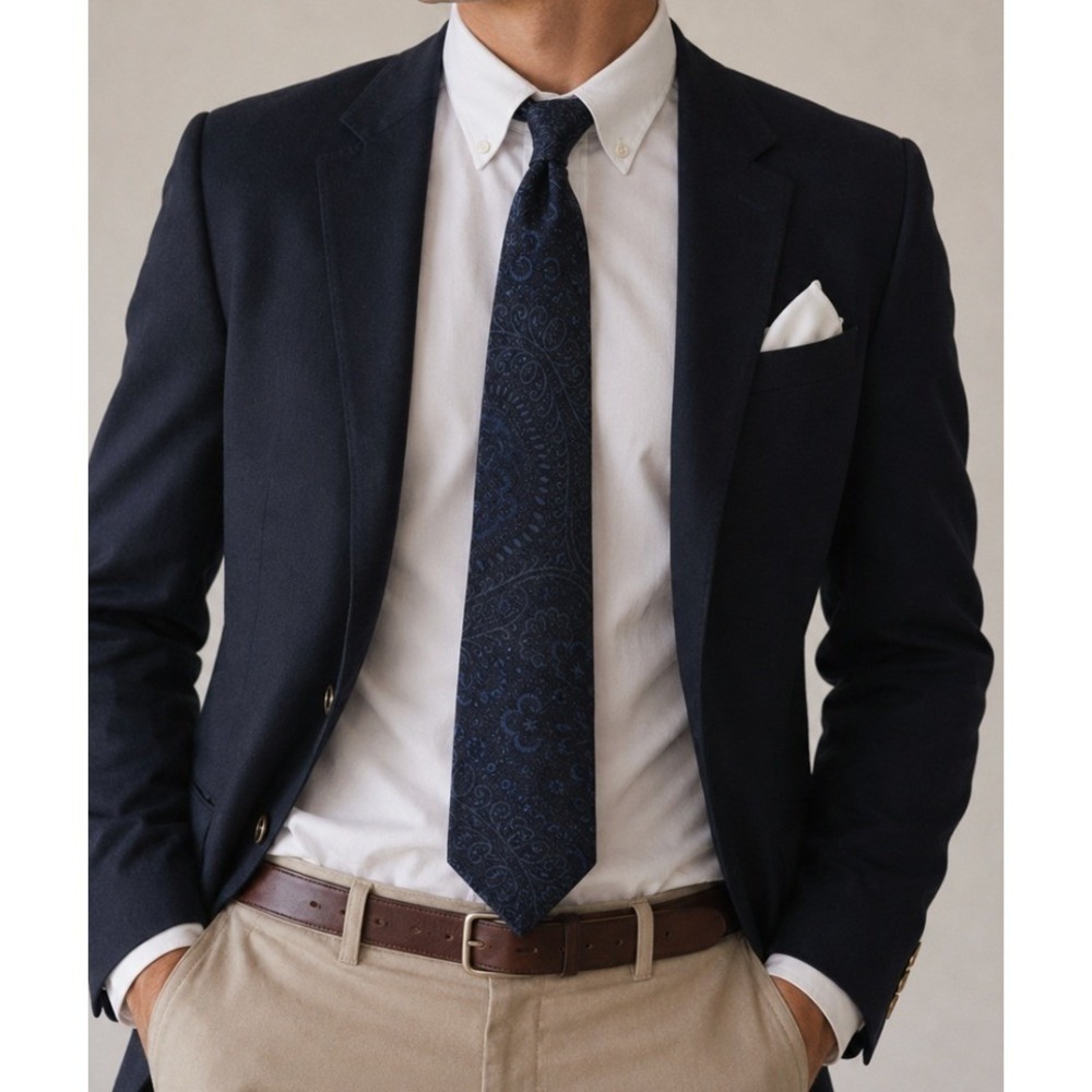 Ermenegildo Zegna Navy Blue Paisley 100% Wool Tie Made in Italy Classic Width